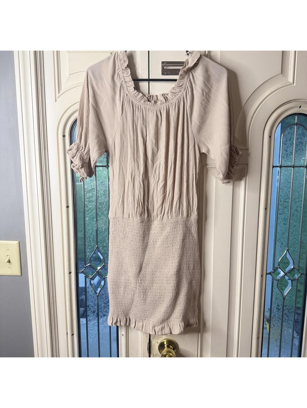 Mable Taupe Smocked Mini Dress Ruffle Sleeve Cottagecore Boho Size M